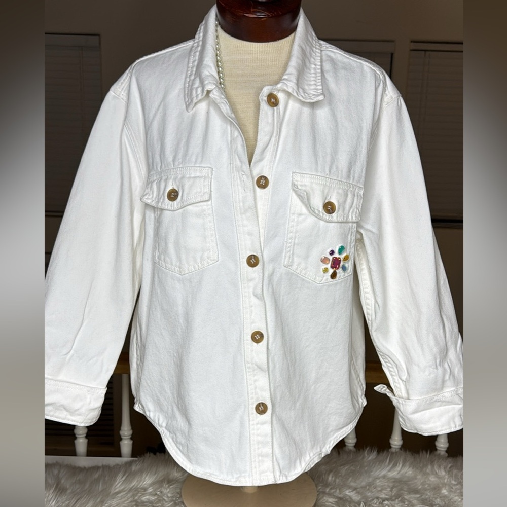 Jean Jacket Denim Shacket Large White Butterfly Sequin Embellishment Fun